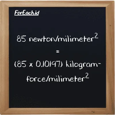85 newton/milimeter<sup>2</sup> setara dengan 8.6676 kilogram-force/milimeter<sup>2</sup> (85 N/mm<sup>2</sup> setara dengan 8.6676 kgf/mm<sup>2</sup>)